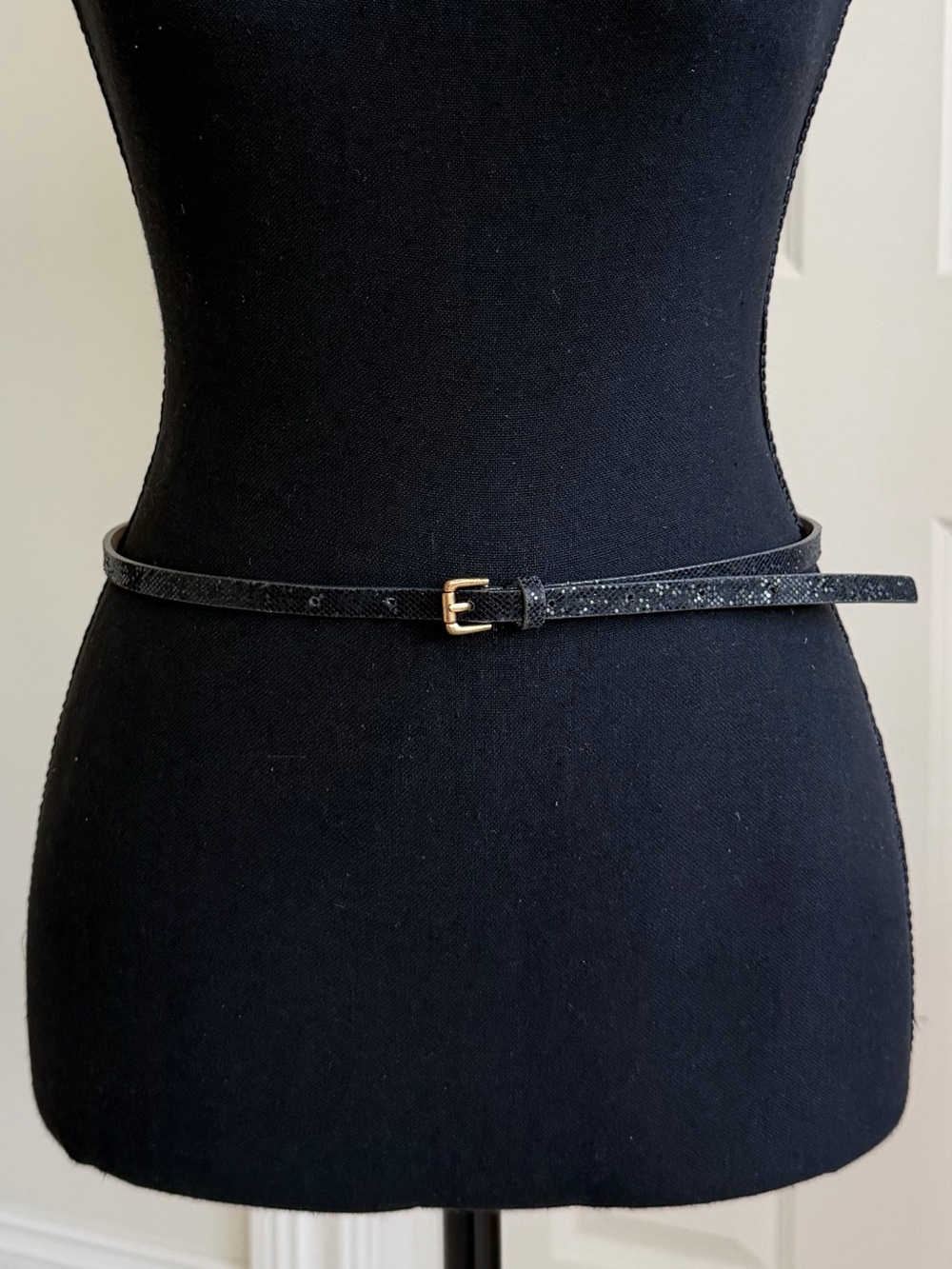 J. Crew Slim Black Sequin Leather Belt with Gold Buckle, size S